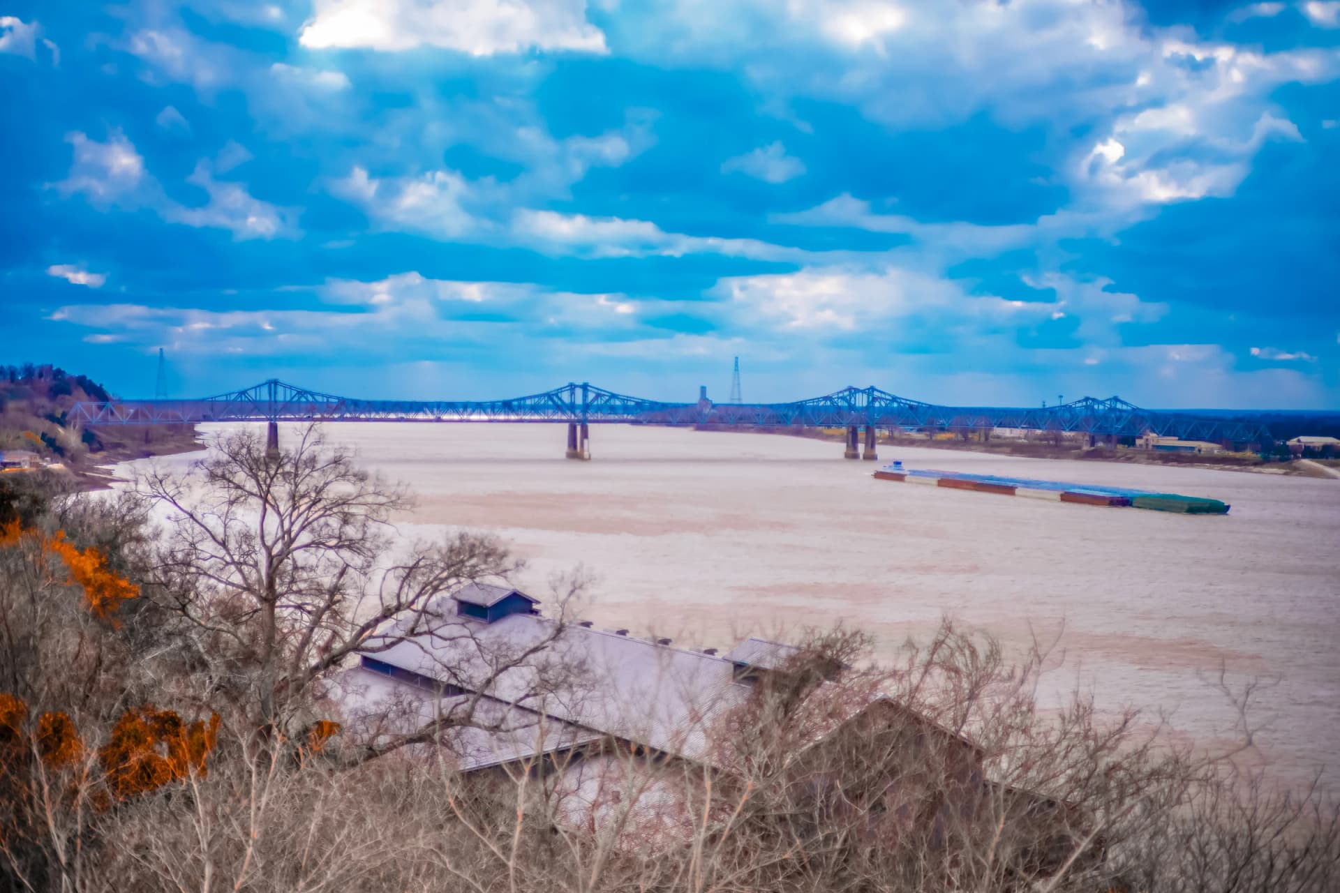 Mississippi River with bridge and barge